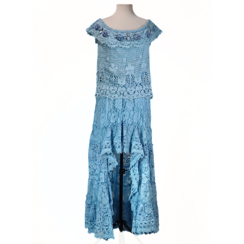 Boston Proper Maxi Dress Womens M Blue Crochet Lace Beaded Cottage Boho Festival